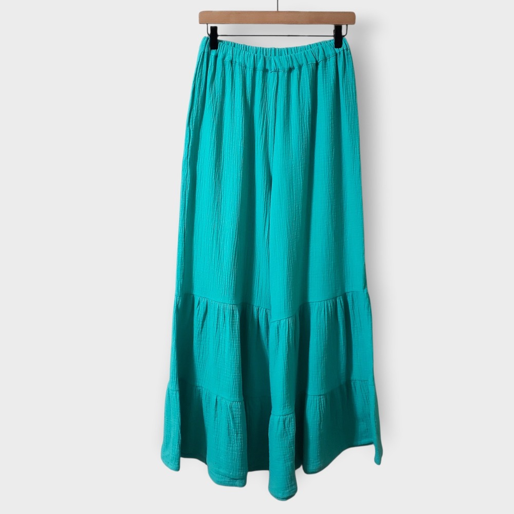 NWT Kaktus Cotton Gauze Textured Tiered Bell Bottom Pants Teal Green Small